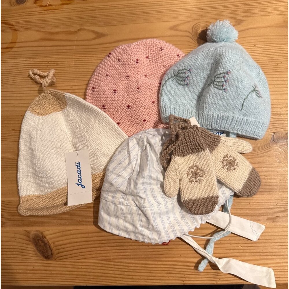 Jacadi 6 month baby girl hat and mittens bundle NWT JW